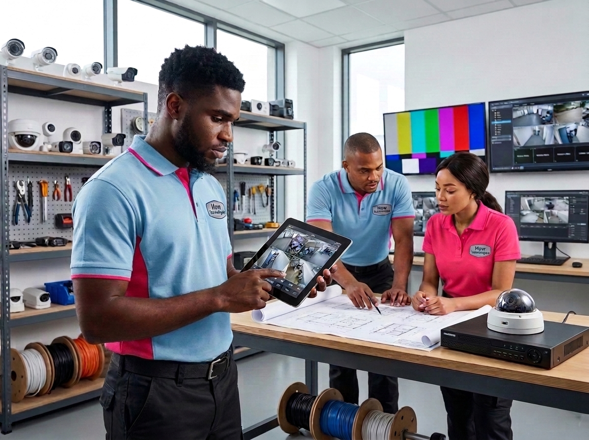 How Technologies CCTV technicians inspecting security cameras and discussing installation plans in a modern office